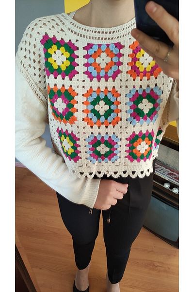 Robin Women's Stone Color Standard Size (34-36-38 SIZE) Patterned Motif Detailed Short Length Crop Knitwear Blouse on the Waist