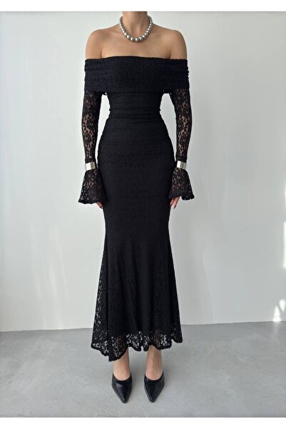 Julidress Premium Δαντελένιο Φόρεμα με Μαύρο Γιακά Madonna