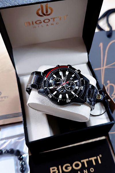 Bigotti 5 Atm Waterproof Men's Wristwatch - Black Color, Steel Band, Gift Bracelet Bme2022C6