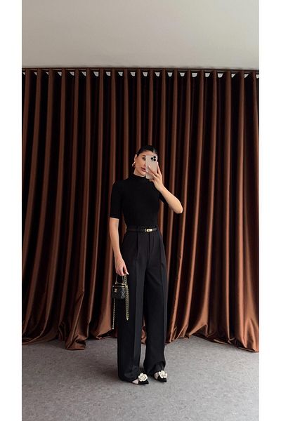 HAZELANNA Black Palazzo Fabric Trousers