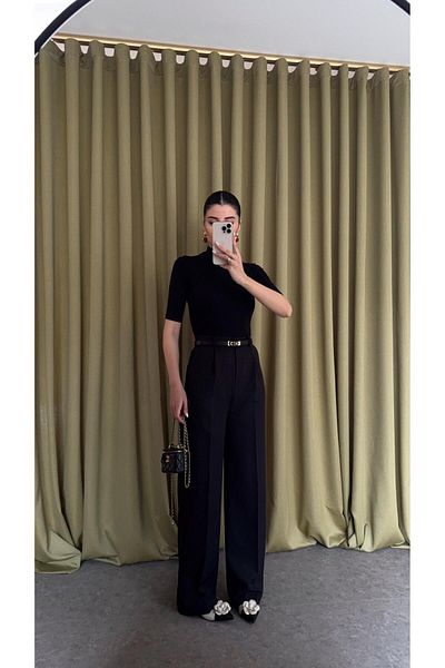 HAZELANNA Black Palazzo Fabric Trousers