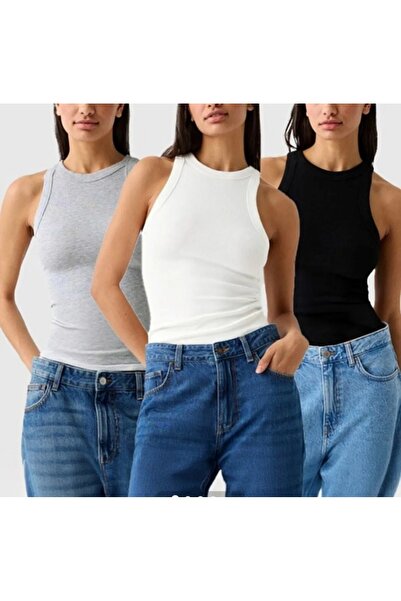 ÖZGE-S MODA 3-Piece Halterneck Ribbed Tank Top Black-White-Grey