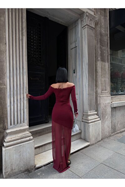 aytenli Rochie din tul creponat cu decolteu cu volane, cu ochiuri cu mâneci cu șireturi, cu mâneci lungi triunghiulare