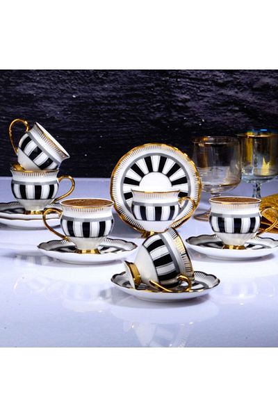 Kosova Muba Concept Porcelain 6-Seater Black Striped Cup Set 90 ml