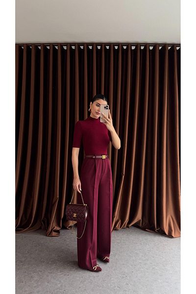 HAZELANNA Plum Palazzo Fabric Trousers