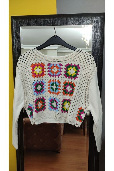 Robin Women's Stone Color Standard Size (34-36-38 SIZE) Patterned Motif Detailed Short Length Crop Knitwear Blouse on the Waist