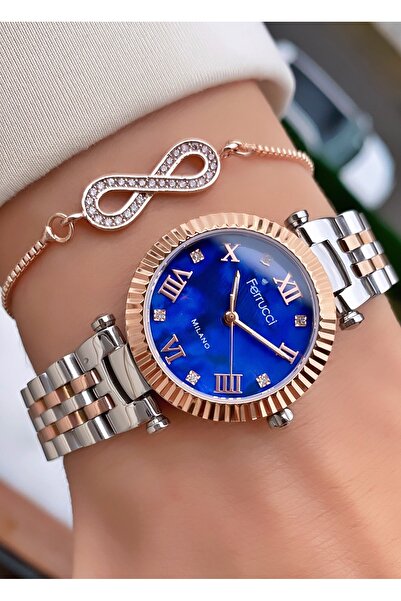 Ferrucci ساعة يد نسائية من Ferruci باللون الفضي الوردي - سوار فولاذي، ضمان لم...