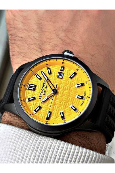 Lee Cooper Black-Yellow Color Silicone Cord Men's Wrist Watch with Calendar 7859.611