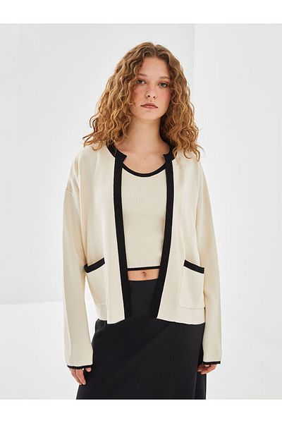 LC Waikiki Shawl Collar Color Block Women's Knitwear Cardigan and Tank Top Set