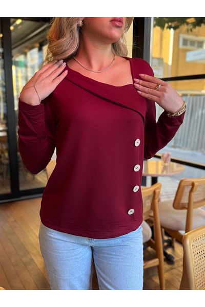 İpeksi Silky Women's Long Sleeve Geometric Collar Detail Side Button Viscose Two Thread Blouse