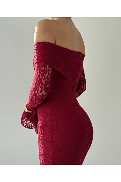 Julidress Bordo Madonna Yaka Astarlı Premium Dantel Elbise