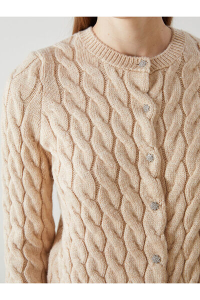 LC Waikiki Beige Crew Neck Self Patterned Women's Knitwear Cardigan