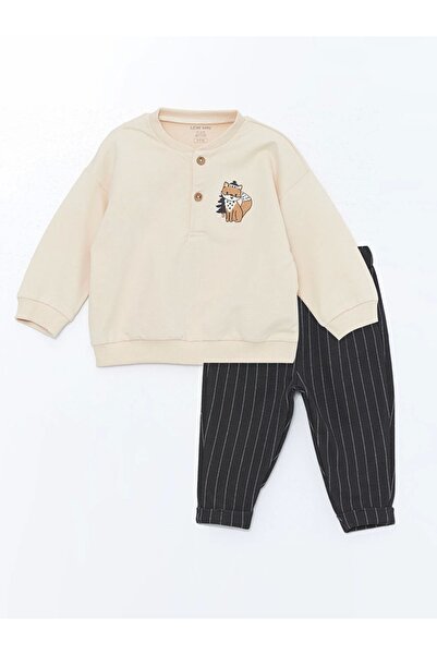 LC Waikiki Lcw Baby Beige Crew Neck Printed Baby Boy Sweatshirt and Pants 2-Piece