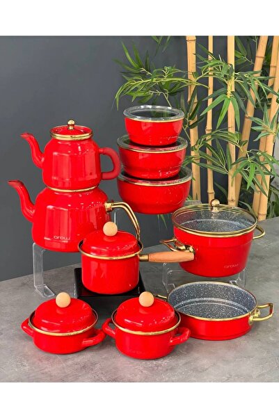 MİHMAN HOME Arow Red Enamel 2-Piece Pot Set