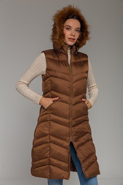 Olcay Furry Removable Hooded Inflatable Vest Taba 8192