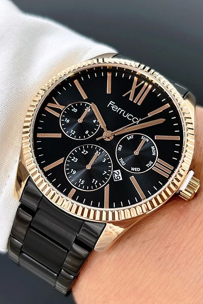 Ferrucci Rose Gold Steel Case, Black Steel Strap Men's Wristwatch with Calendar Feature Zmfer065