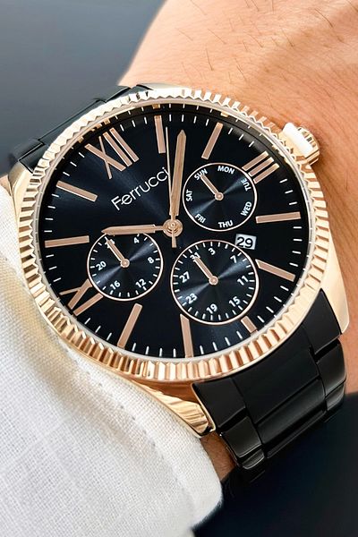 Ferrucci Rose Gold Steel Case, Black Steel Strap Men's Wristwatch with Calendar Feature Zmfer065