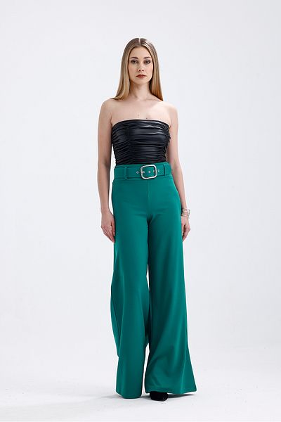 Sense Scuba Spanish Leg Pants with Crepe Belt - Fabric Covering on the Sides |   Pnt33393 Green