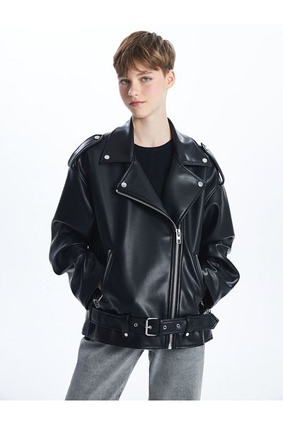 LC Waikiki New Season Biker Collar Oversize Women's Leather Look Jacket - S56066Z8