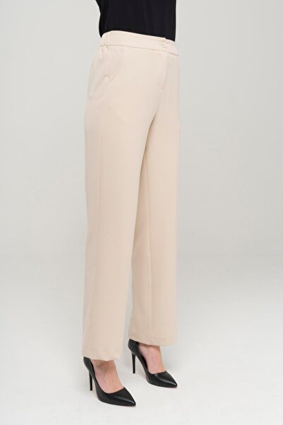 Olcay Barka Elastic Waist Straight Leg Trousers Beige 7558