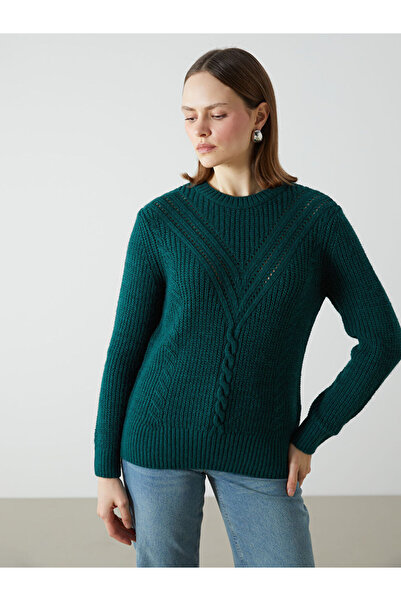 LC Waikiki Green Crew Neck Openwork Women's Knitwear Sweater