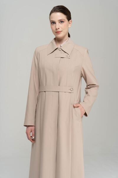 Olcay Large Size Lined Overcoat Shirt Collar Ribbed Detailed Bej 6565