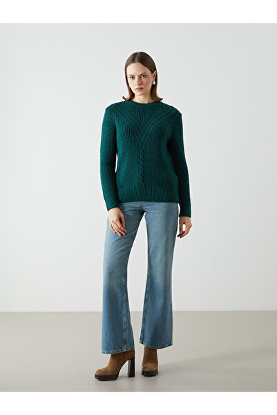 LC Waikiki Green Crew Neck Openwork Women's Knitwear Sweater