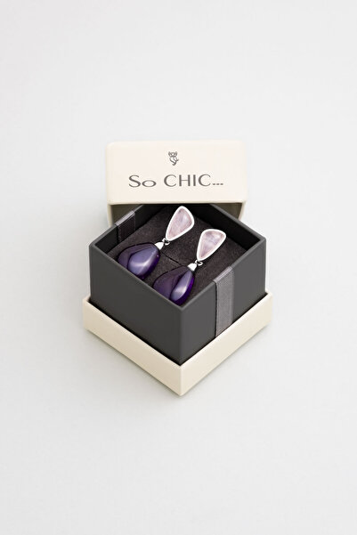 So CHIC... Avangard Lila 18 Ayar Beyaz Altın Kaplama Gümüş Ametist Küpe