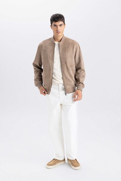 DeFacto Slim-Fit-Jacke aus Wildleder, Slim-Fit, College-Revers, Reißverschluss, Doppeltaschen, saisonal, leicht