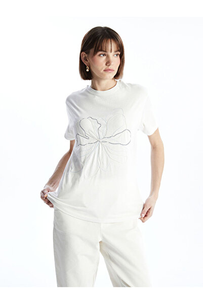 LC Waikiki Ecru Crew Neck Floral Embroidered Women's T-Shirt