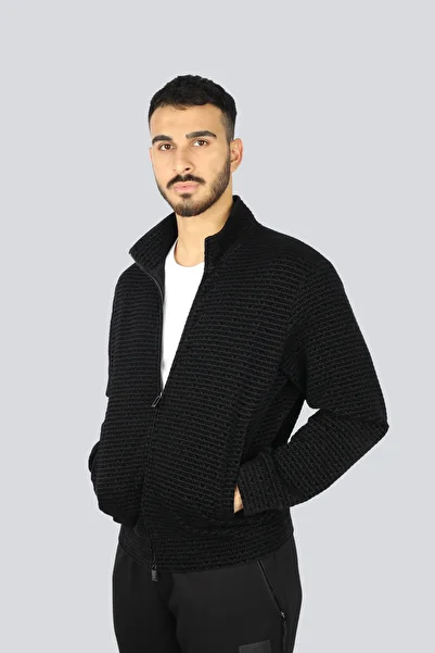 Emporio Armani سويت شيرت رجالي بسحاب كامل من الجيرسيه باللون الأسود مع حروف ملفوفة بالكامل EM 001697   AF10013-