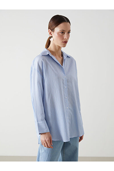LC Waikiki Navy Blue Striped Oversize Women's Shirt Tunic from Güli̇s Gi̇yi̇m