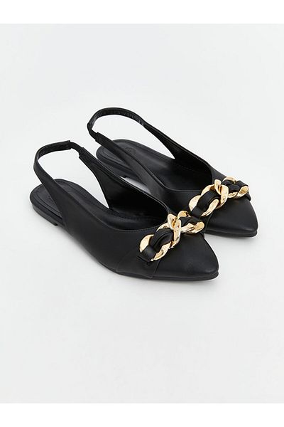 LC Waikiki Lcw Steps Leather Look Women's Ballerinas with Metal Applique Detail