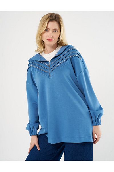 Kayra Hanorac Crown Blue Scuba - Detaliu cu cusături și broderie cu piatră