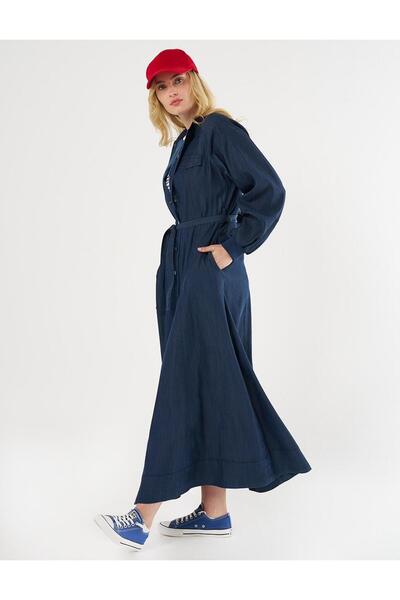 Kayra Kapak Cepli Denim Elbise Lacivert