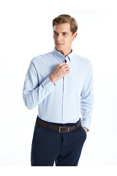 LC Waikiki Blue Regular Fit Long Sleeve Linen Blend Men's Shirt