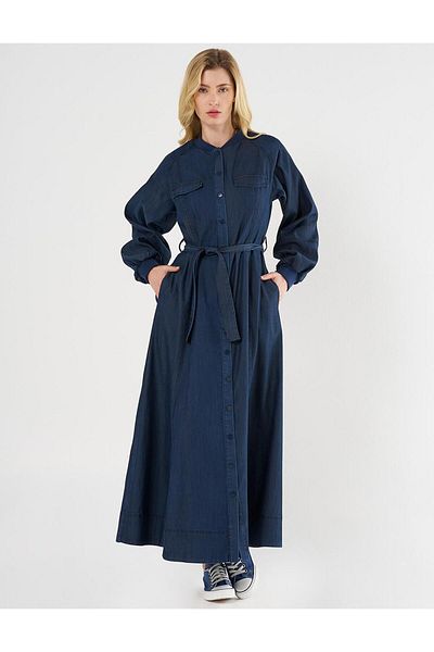 Kayra Rochie din denim bleumarin - Buzunar cu clapă