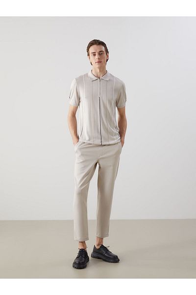 LC Waikiki Ανδρικό πλεκτό πουλόβερ LCW Vision Beige Polo με κοντό μανίκι ριγέ