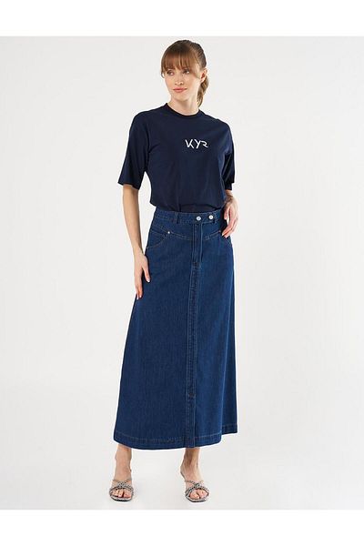 Kayra Fusta clopot din denim bleumarin - Detaliu cu nasturi