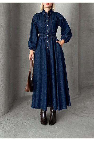 Olcay Dunkelblaues Jeanskleid – Kordelzug an der Taille und Druckknopfverschluss 9249-E