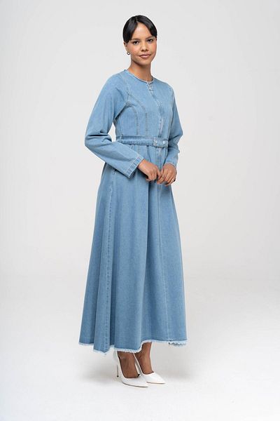 Olcay Rochie din denim evazată cu guler zero, cu fermoar, cu talie, ALBASTRĂ 9220-E
