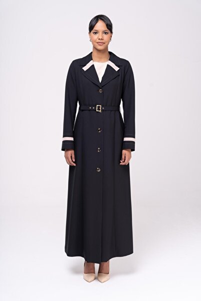 Olcay Men's Collar Point and Belt Detailed Lined Top Coat BLACK 6552