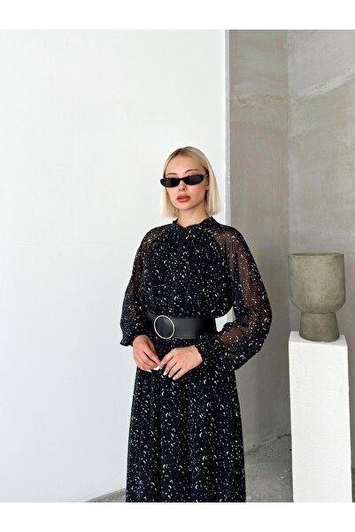 Olcay Černé šifonové šaty - pásek a šňůrka v pase vzor 9245-E