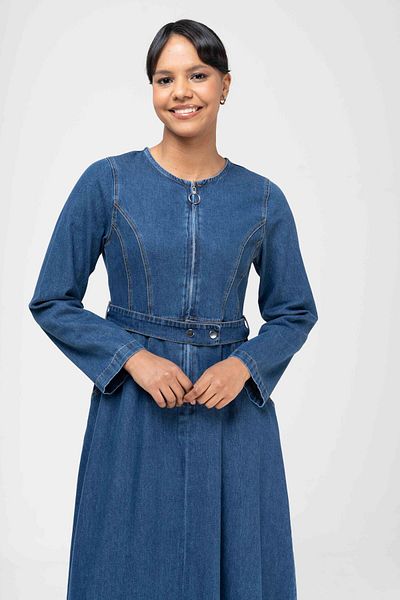 Olcay Rochie de denim evazată cu fermoar cu guler zero, cu talie, albastru închis 9220-e