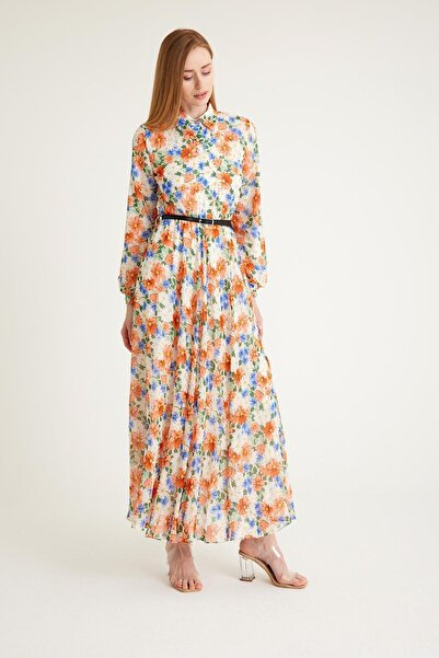 Olcay BÉŽOVÉ vzorované šifonové šaty s páskem a šňůrkou v pase, doplněk 9619-EY