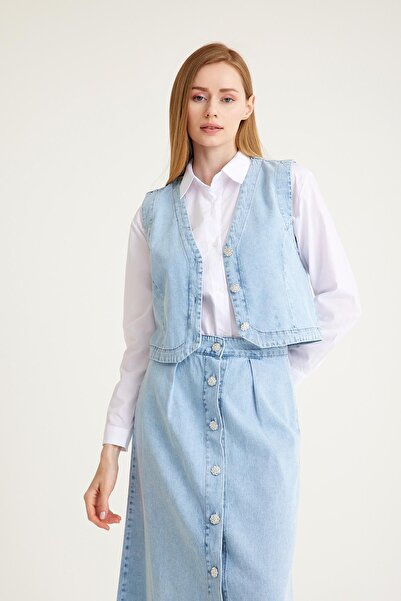 Olcay BLUE Denim Set - Stone Detailed Vest, Shirt and Skirt 9228-YTK