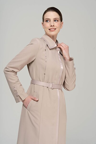 Olcay Shirt Collar Satin and Accessory Detailed Lined Top Coat BEIGE 6562