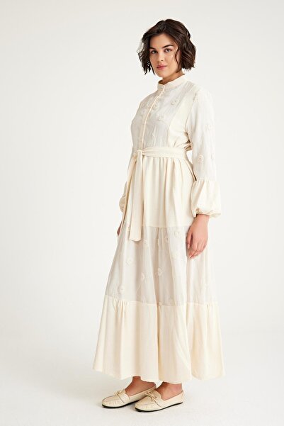 Olcay BÉŽOVÁ 9231-EY - Šaty se vzorem a rukávy