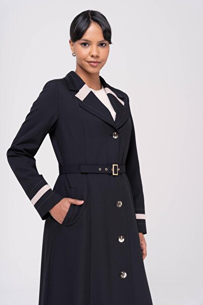 Olcay Men's Collar Point and Belt Detailed Lined Top Coat BLACK 6552