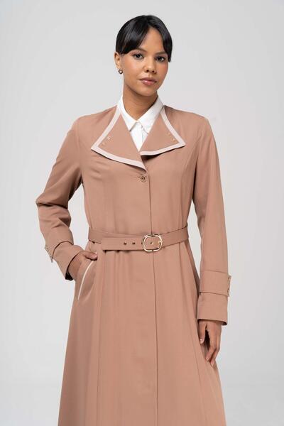 Olcay Handkerchief Collar Garni and Belt Detailed Lined Top Coat KAMEL 6549